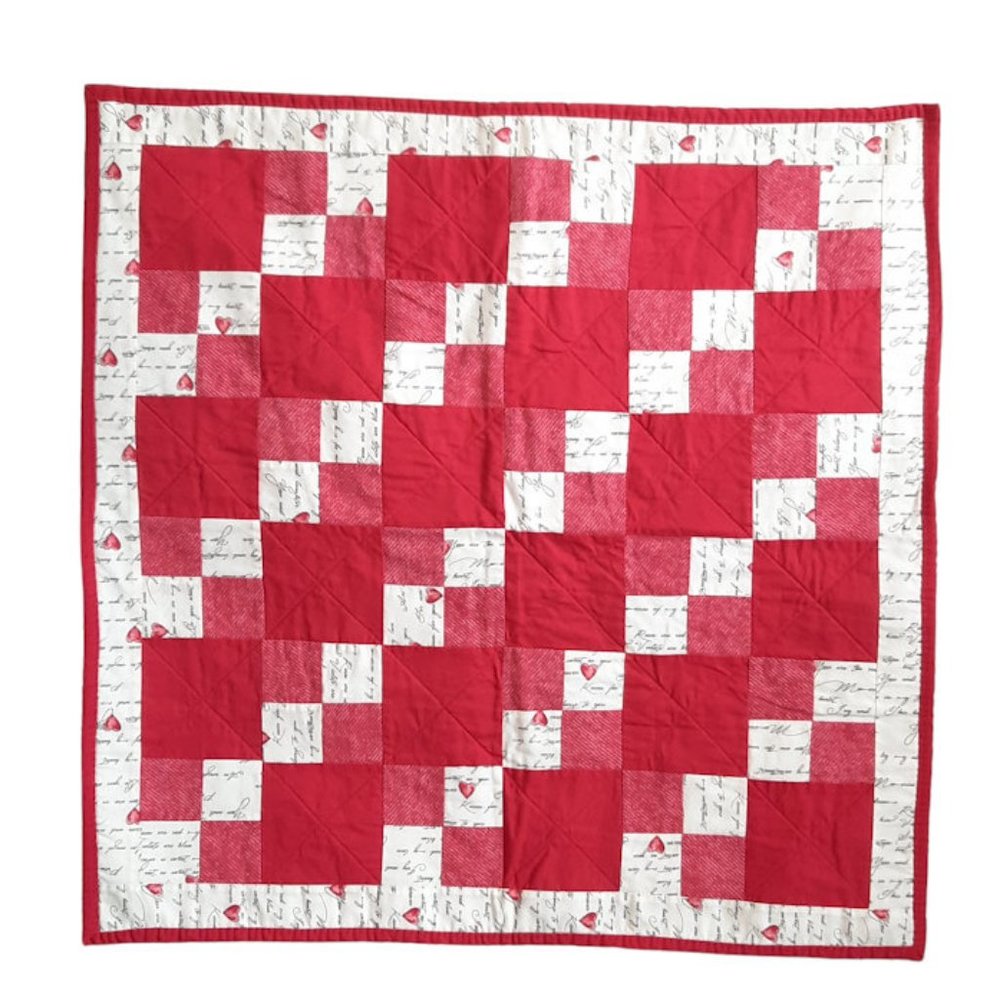 Vintage Handmade Patchwork Love Heart Red Quilt Blanket 26.5" X 26.5"